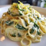 A close-up of a serving of Creamy Lemon Ricotta Pasta with Spinach, topped with lemon zest.