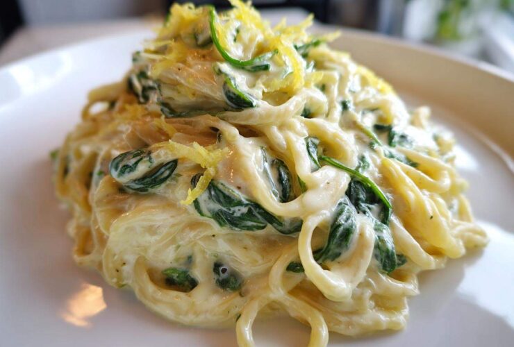 A close-up of a serving of Creamy Lemon Ricotta Pasta with Spinach, topped with lemon zest.