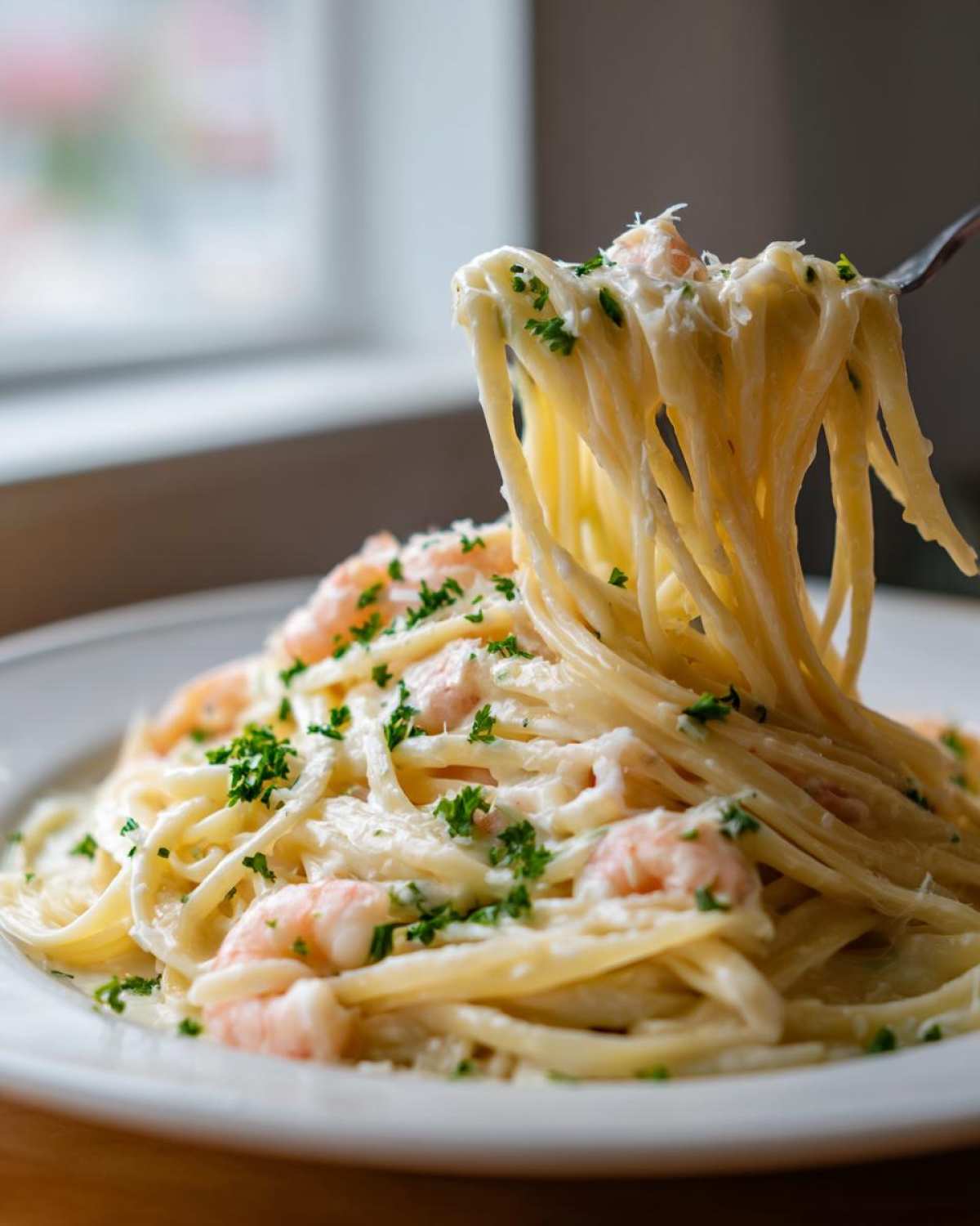 A fork lifts a generous portion of Creamy Lemon Shrimp Pasta with Garlic Sauce, coated in a rich white sauce and topped with parsley.