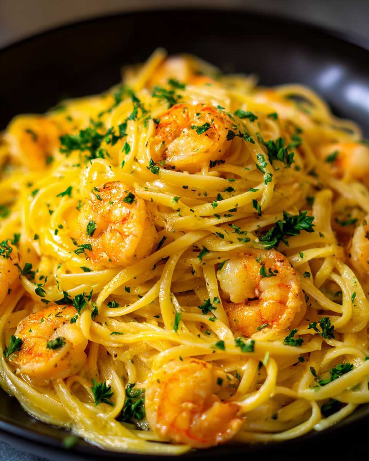 Close-up of Creamy Lemon Shrimp Pasta tossed in a rich sauce and topped with fresh chopped parsley.