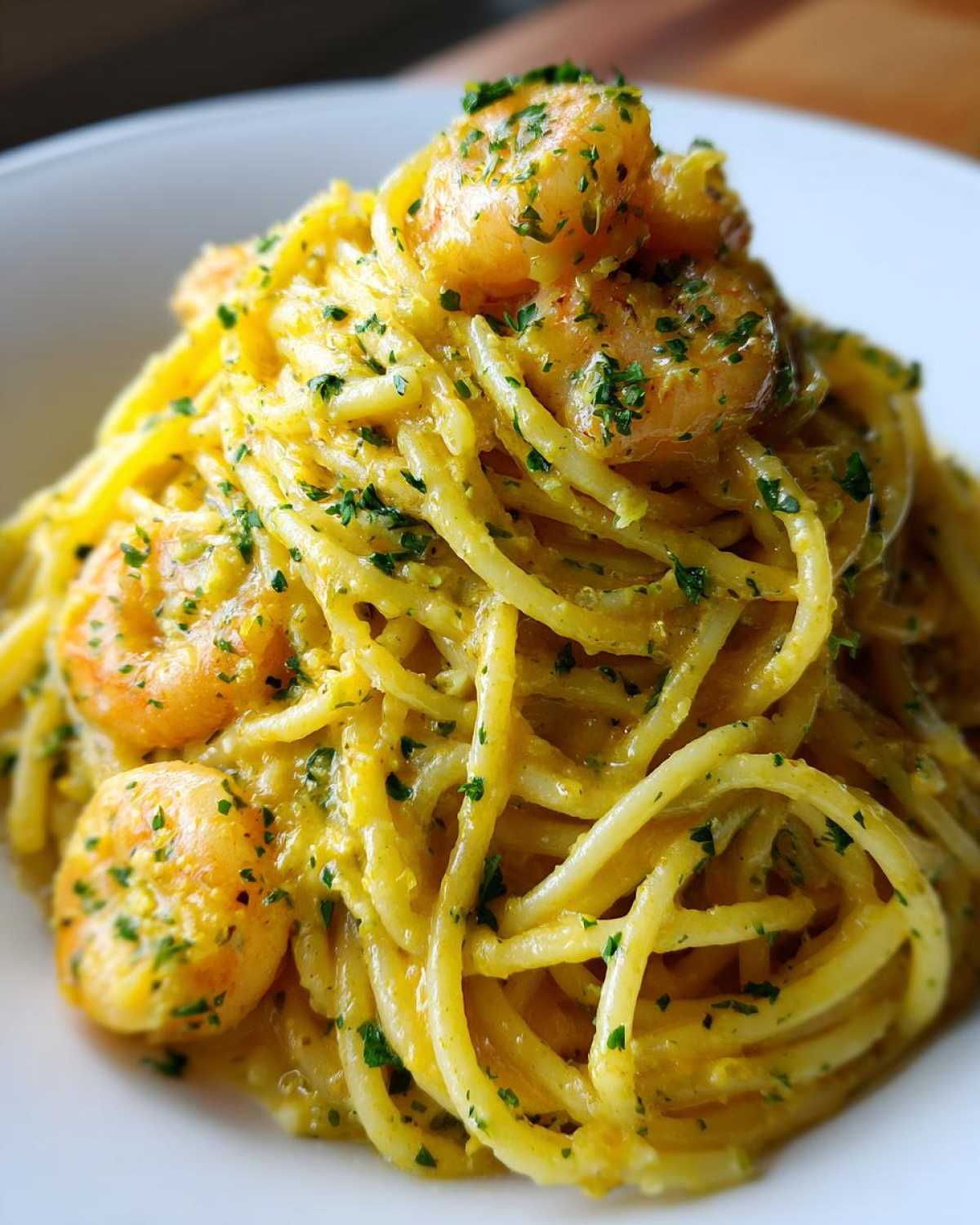 A close-up of a mound of spaghetti coated in a rich, yellow sauce, topped with plump shrimp and fresh parsley, showcasing the Creamy Lemon Shrimp Pasta.