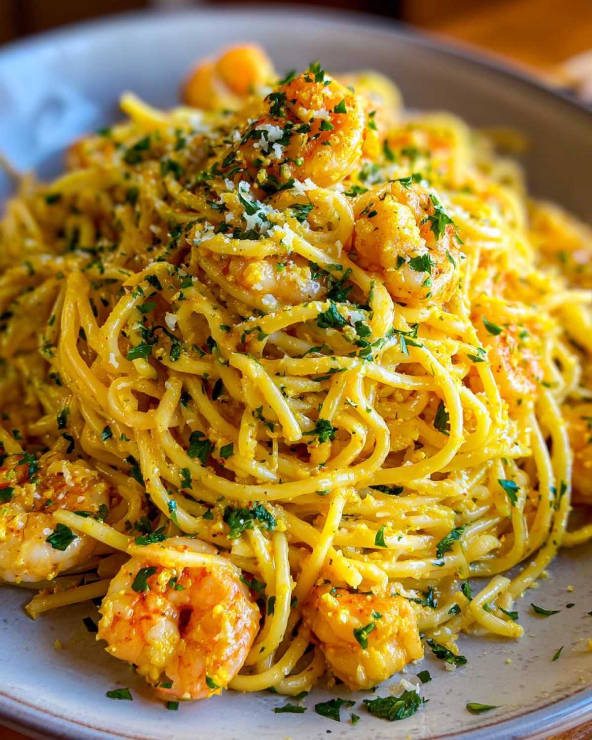 A close-up shot of a plate piled high with Creamy Lemon Shrimp Pasta Fresh Flavor, topped with parsley and cheese.