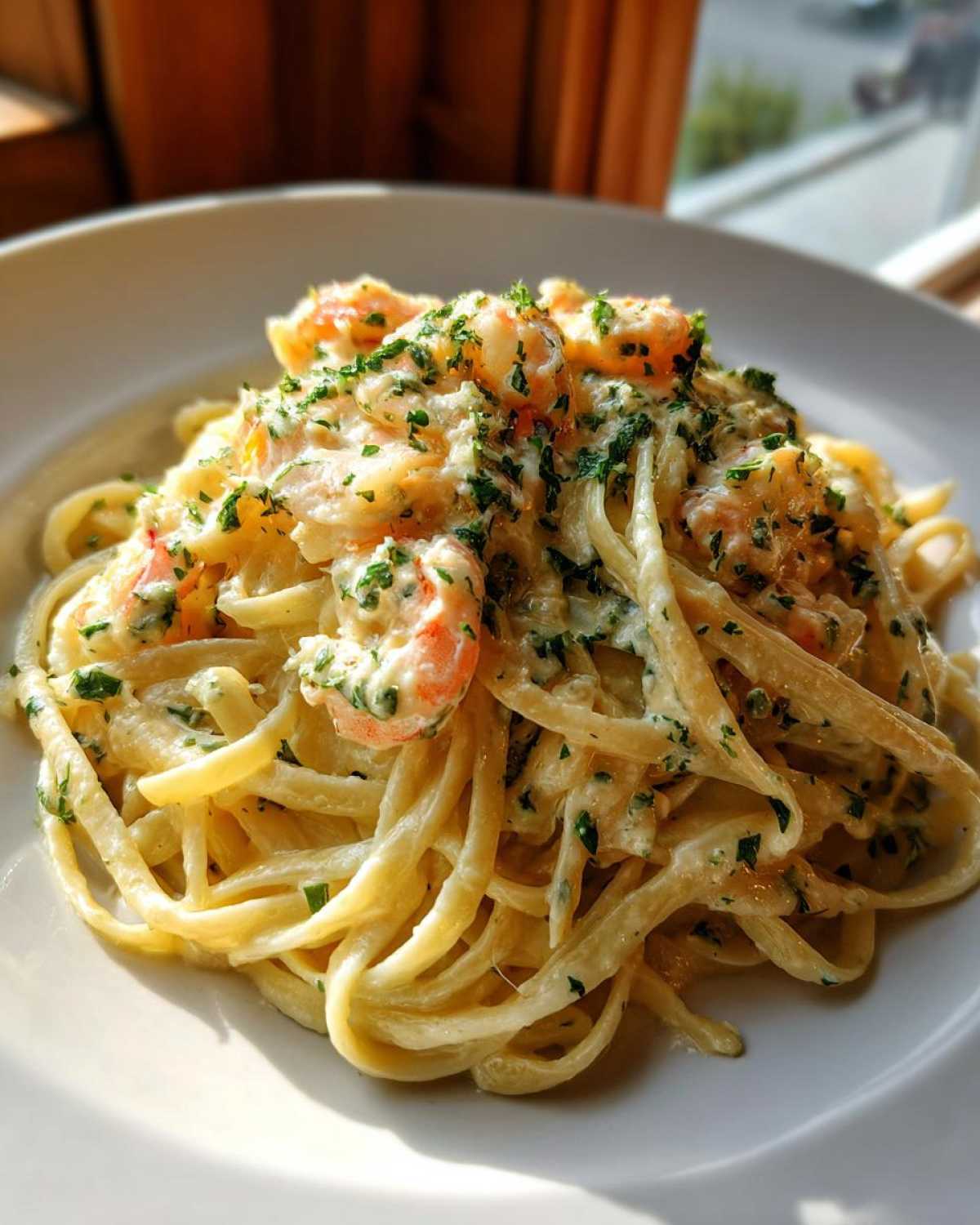 A close-up of a serving of Creamy Lemon Shrimp Pasta with Garlic Sauce, topped generously with fresh parsley.
