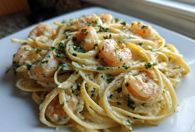 Close-up of a serving of Creamy Lemon Shrimp Pasta with Garlic Sauce, featuring fettuccine noodles and pink shrimp topped with parsley.