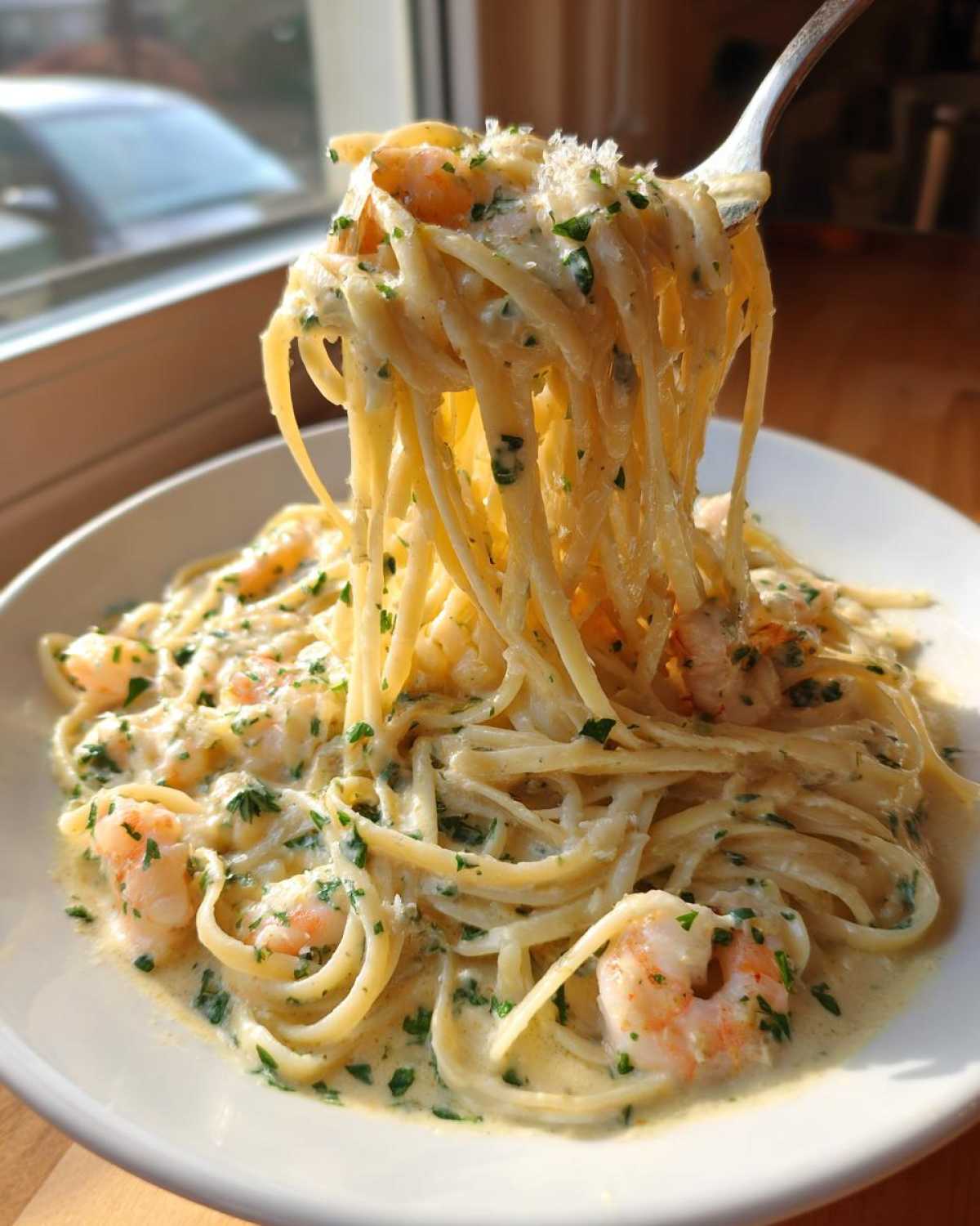 A fork lifting linguine noodles coated in creamy lemon shrimp pasta with garlic sauce and topped with Parmesan.