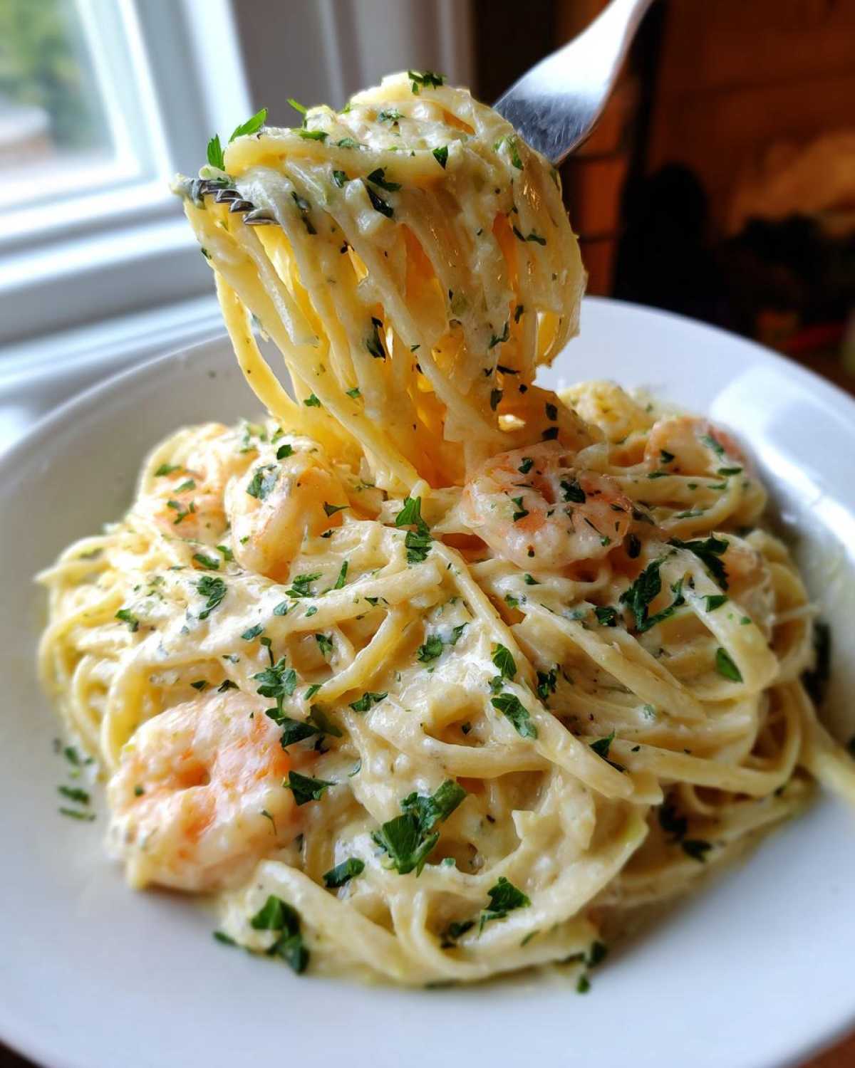 A fork lifting a generous twirl of pasta coated in a rich, creamy sauce with shrimp, showcasing the Creamy Lemon Shrimp Pasta with Garlic Sauce.