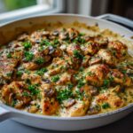 Close-up of seared chicken pieces and sliced mushrooms swimming in a rich, creamy sauce, garnished with fresh parsley, making the Creamy Mushroom Alfredo Chicken Skillet.