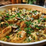 Close-up of pan-seared chicken pieces smothered in a rich sauce with sliced mushrooms and fresh parsley, showcasing the Creamy Mushroom Alfredo Chicken Skillet.