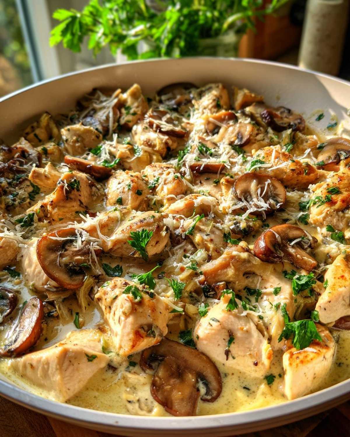 A close-up view of the finished Creamy Mushroom Alfredo Chicken Skillet, featuring browned chicken pieces, sliced mushrooms, and a rich cream sauce topped with Parmesan.