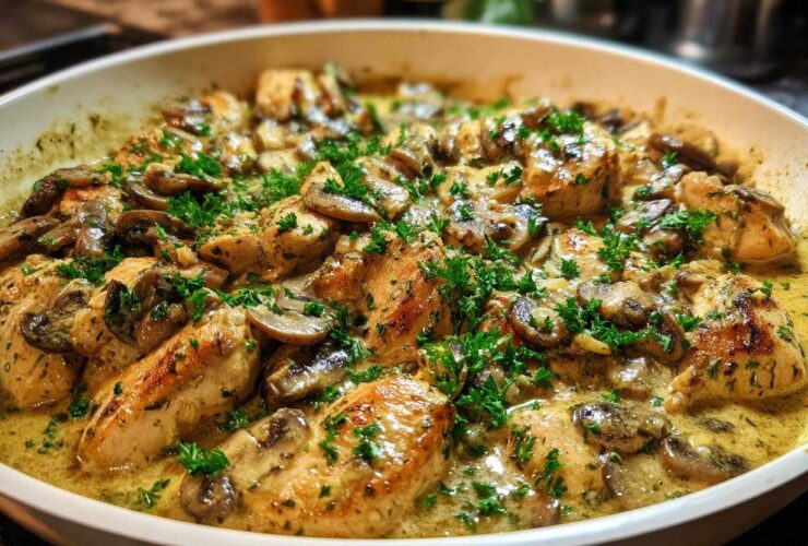 Close-up of pan-seared chicken pieces smothered in a rich sauce with sliced mushrooms and fresh parsley, showcasing the Creamy Mushroom Alfredo Chicken Skillet.