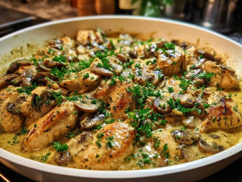 Close-up of pan-seared chicken pieces smothered in a rich sauce with sliced mushrooms and fresh parsley, showcasing the Creamy Mushroom Alfredo Chicken Skillet.