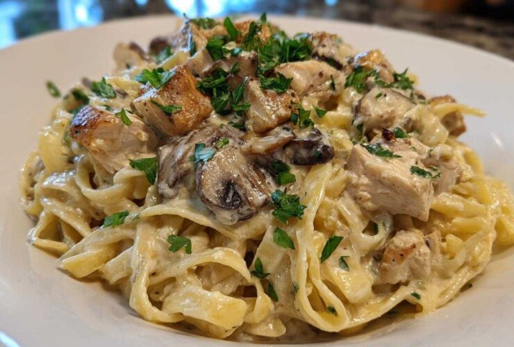 Close-up of rich Creamy Mushroom Chicken Alfredo Pasta featuring fettuccine, diced chicken, and sliced mushrooms, garnished with parsley.