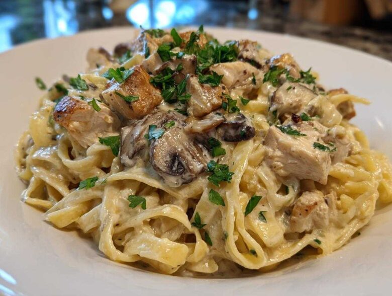 Close-up of rich Creamy Mushroom Chicken Alfredo Pasta featuring fettuccine, diced chicken, and sliced mushrooms, garnished with parsley.