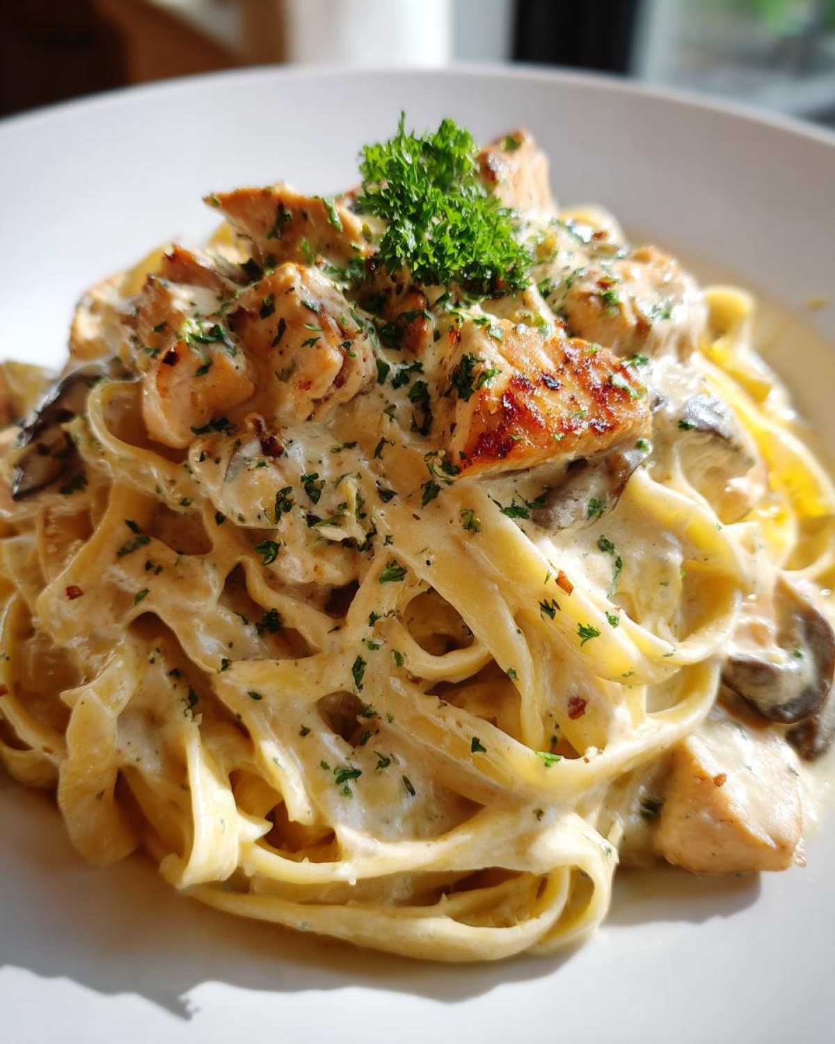 Close-up of fettuccine pasta coated in rich sauce with chunks of grilled chicken and mushrooms, topped with parsley for Creamy Mushroom Chicken Alfredo Pasta.