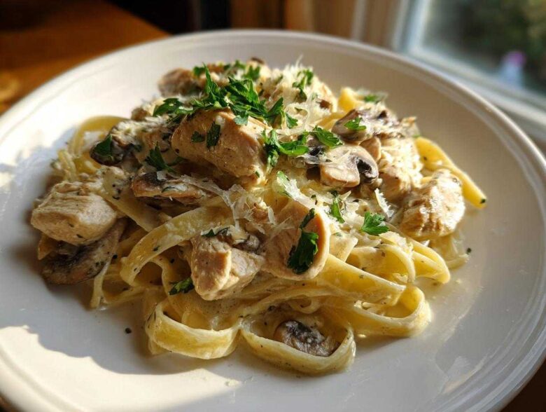 A close-up of creamy mushroom chicken pasta with parmesan cheese and fresh parsley garnish.