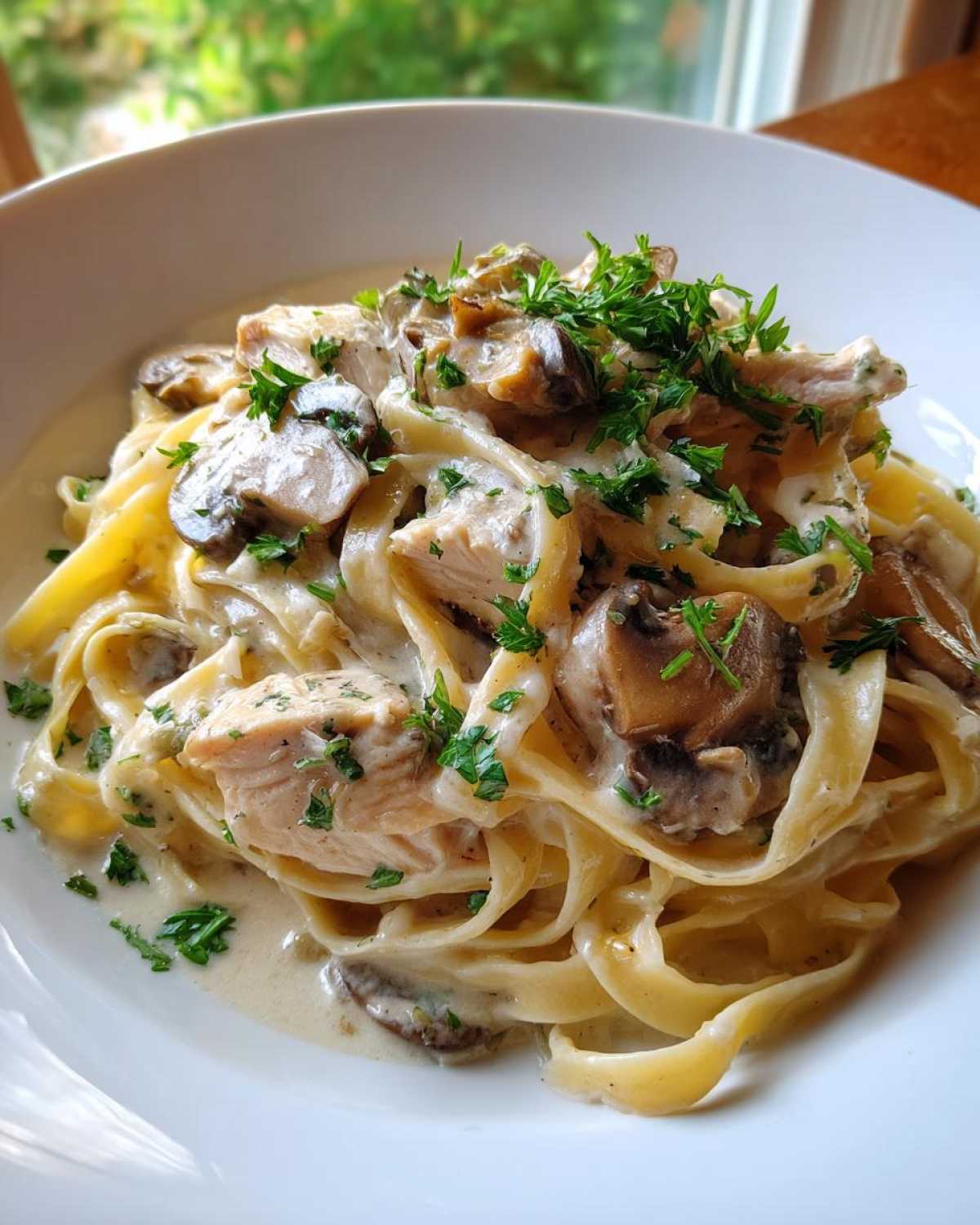Close-up of a white bowl filled with Creamy Mushroom Chicken Pasta with Parmesan, garnished with fresh parsley.