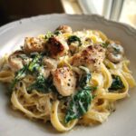 A close-up bowl of Creamy Spinach Chicken Pasta with Alfredo Sauce, featuring fettuccine, seared chicken chunks, and wilted spinach.