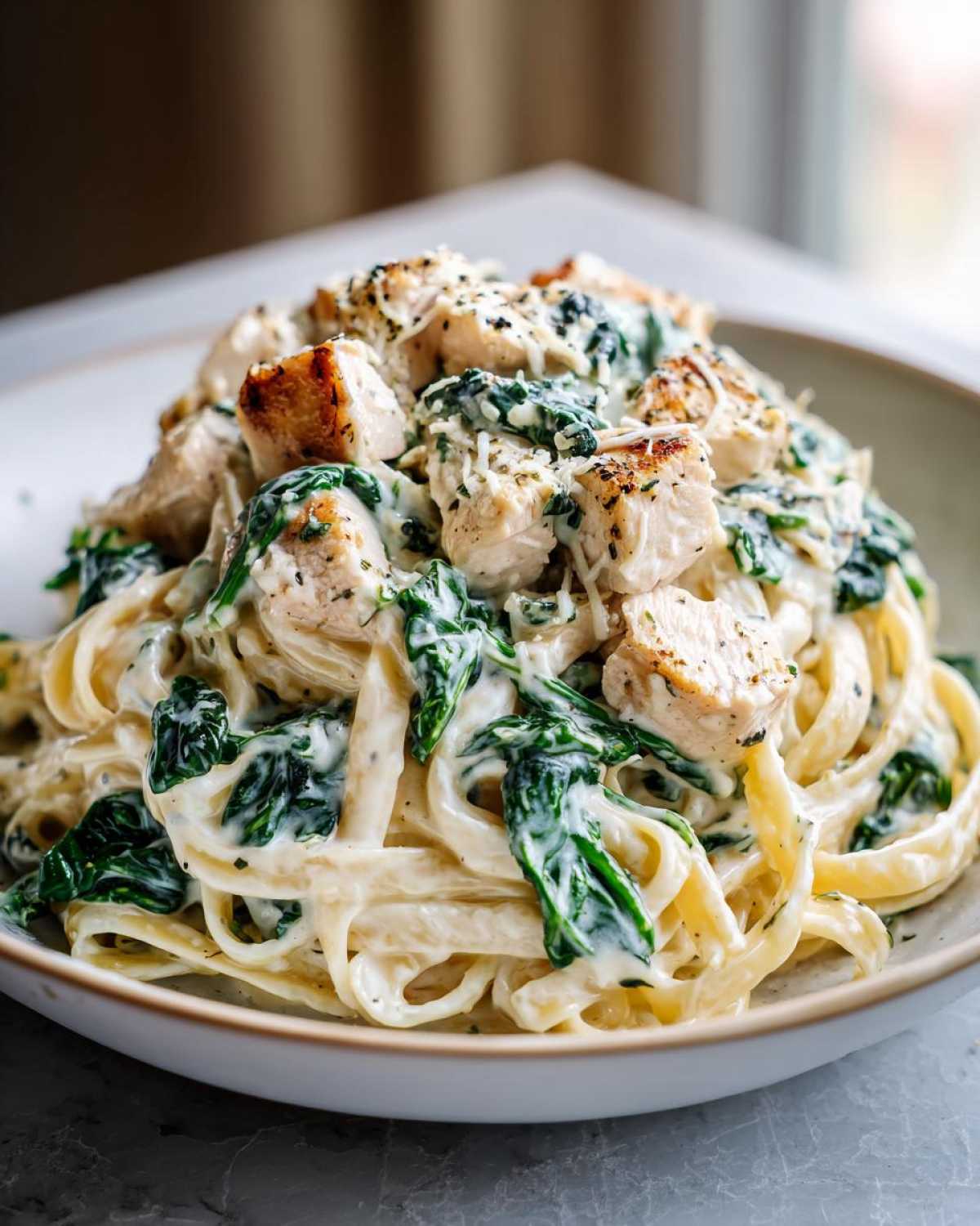 Close-up of Creamy Spinach Chicken Pasta with Alfredo Sauce, featuring fettuccine, chunks of grilled chicken, and wilted spinach.