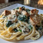 A close-up of rich Creamy Spinach Chicken Pasta with Alfredo Sauce served on a white plate.