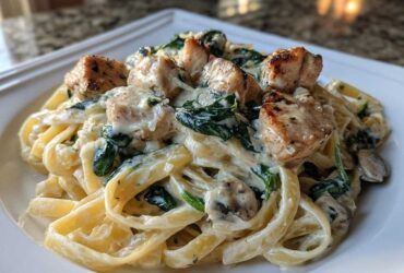 A close-up of rich Creamy Spinach Chicken Pasta with Alfredo Sauce served on a white plate.