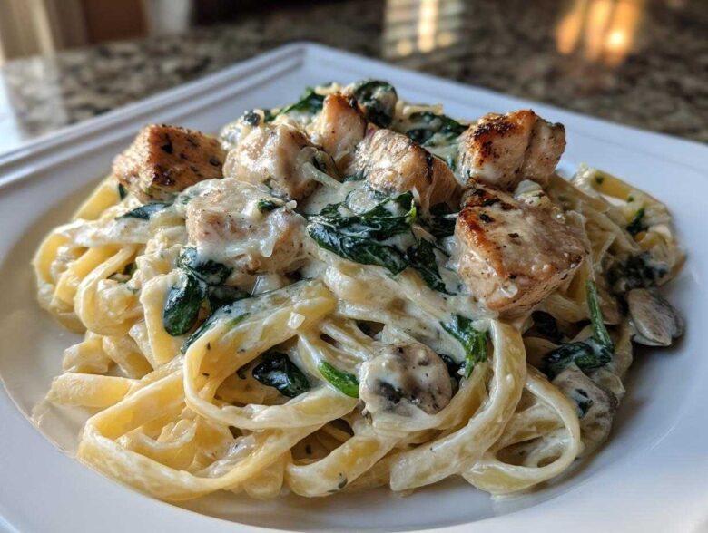 A close-up of rich Creamy Spinach Chicken Pasta with Alfredo Sauce served on a white plate.