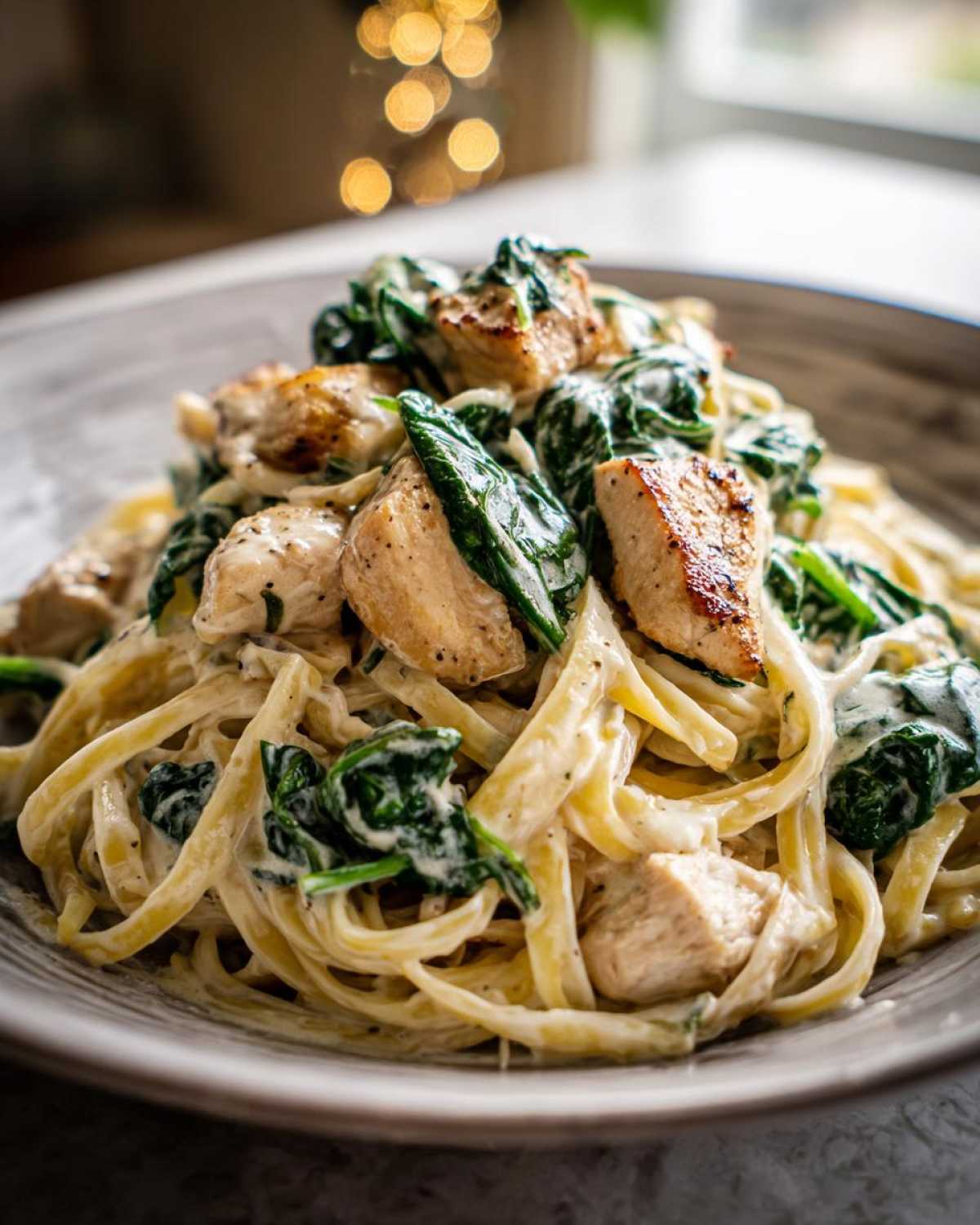 A close-up of a bowl of Creamy Spinach Chicken Pasta with Alfredo Sauce, featuring fettuccine, seared chicken pieces, and wilted spinach.