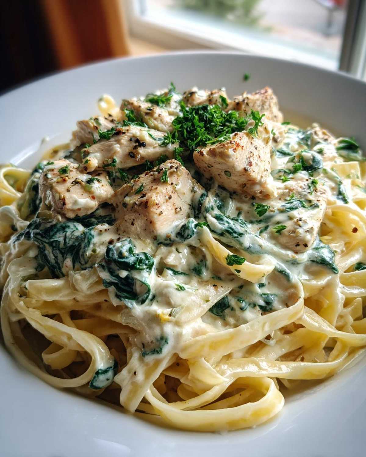 A close-up of delicious Creamy Spinach Chicken Pasta with Garlic featuring fettuccine, chunks of seasoned chicken, and wilted spinach in a rich sauce.