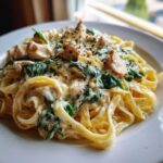 Close-up of Creamy Spinach Chicken Pasta with Garlic featuring fettuccine, chunks of chicken, and wilted spinach in a rich white sauce.