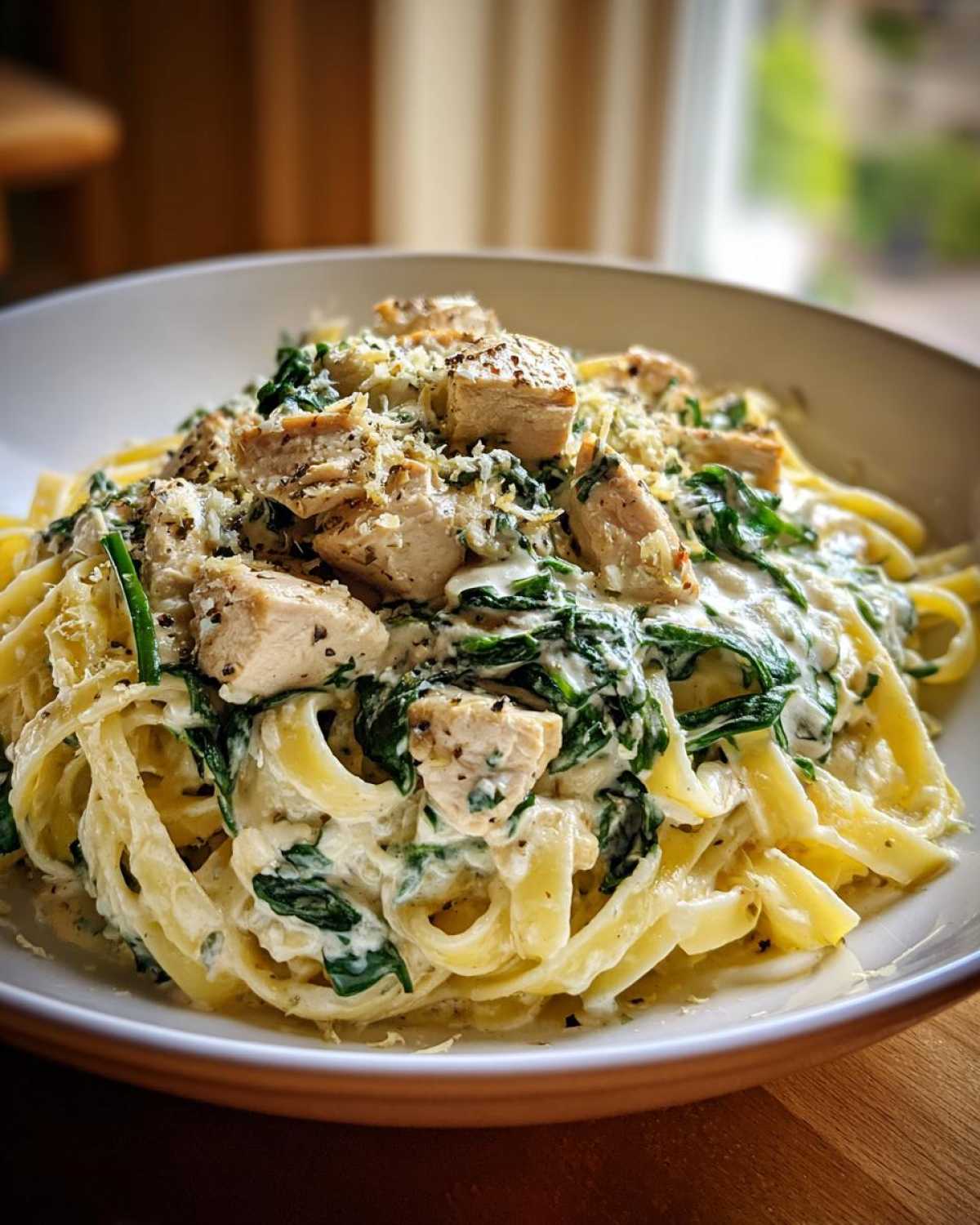 A close-up of a bowl filled with Creamy Spinach Chicken Pasta with Garlic, featuring fettuccine, chunks of chicken, and wilted spinach in a rich sauce.