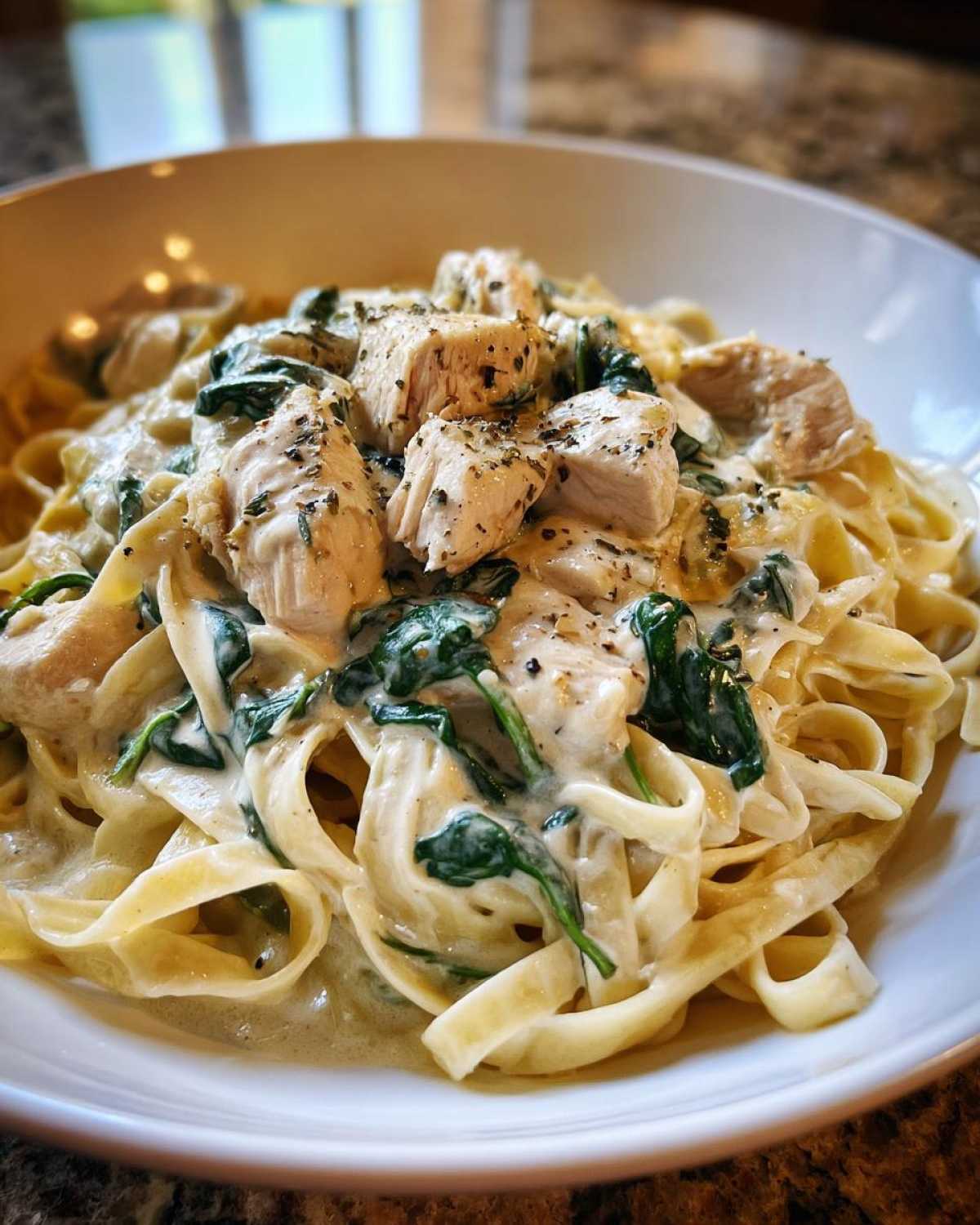 Close-up of Creamy Spinach Chicken Pasta with Garlic featuring fettuccine noodles, chunks of chicken, and wilted spinach in a rich white sauce.