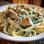 Close-up of fettuccine pasta tossed in a creamy sauce with spinach and chunks of seasoned chicken, representing Creamy Spinach Chicken Pasta with Garlic.