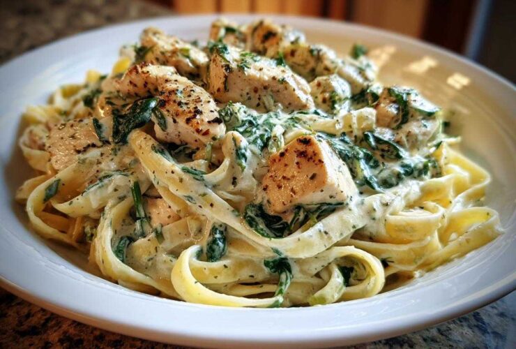 Close-up of fettuccine pasta tossed in a creamy sauce with spinach and chunks of seasoned chicken, representing Creamy Spinach Chicken Pasta with Garlic.