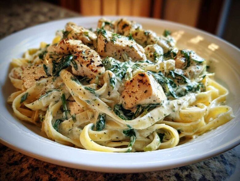 Close-up of fettuccine pasta tossed in a creamy sauce with spinach and chunks of seasoned chicken, representing Creamy Spinach Chicken Pasta with Garlic.
