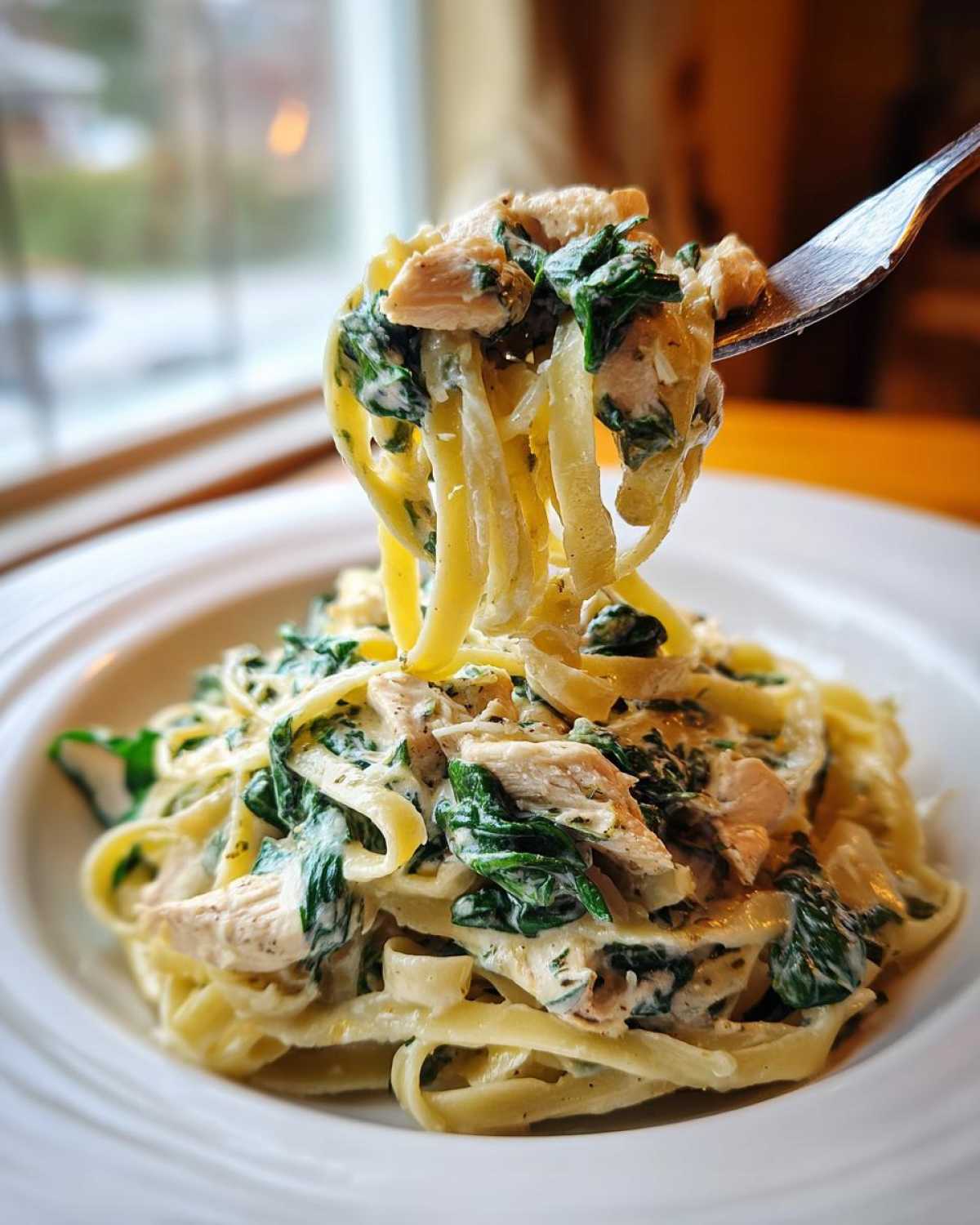 A fork lifting fettuccine noodles coated in creamy sauce, spinach, and chicken from a bowl of Creamy Spinach Pasta with Chicken Dinner.
