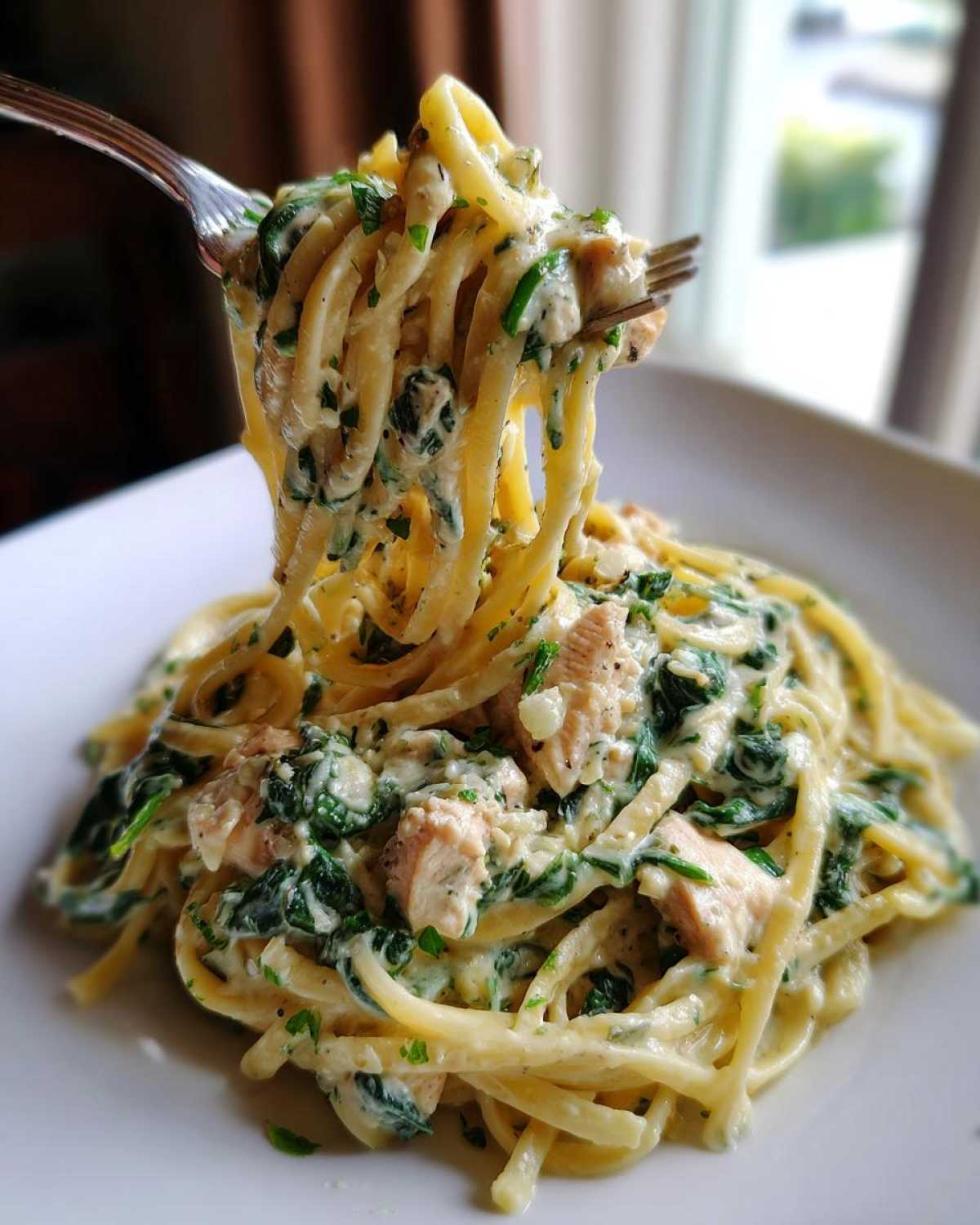 A fork lifting strands of creamy spinach pasta with chicken dinner, showing the rich sauce coating the linguine.