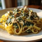 A serving of Creamy Spinach Pasta with Chicken Dinner featuring fettuccine, chunks of chicken, and wilted spinach in a rich white sauce.
