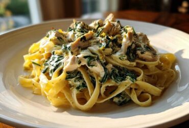 A serving of Creamy Spinach Pasta with Chicken Dinner featuring fettuccine, chunks of chicken, and wilted spinach in a rich white sauce.