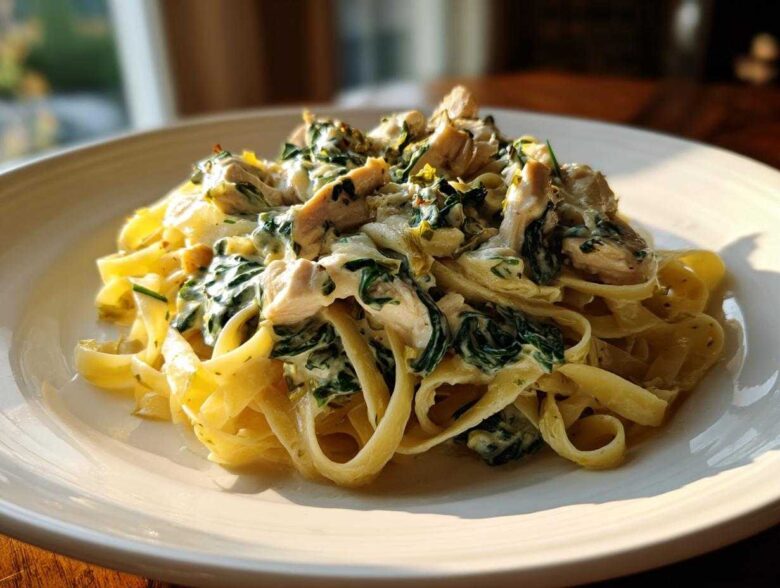 A serving of Creamy Spinach Pasta with Chicken Dinner featuring fettuccine, chunks of chicken, and wilted spinach in a rich white sauce.