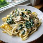 A tempting close-up of Creamy Spinach Pasta with Chicken Dinner featuring fettuccine, diced chicken, and wilted spinach in a white sauce.
