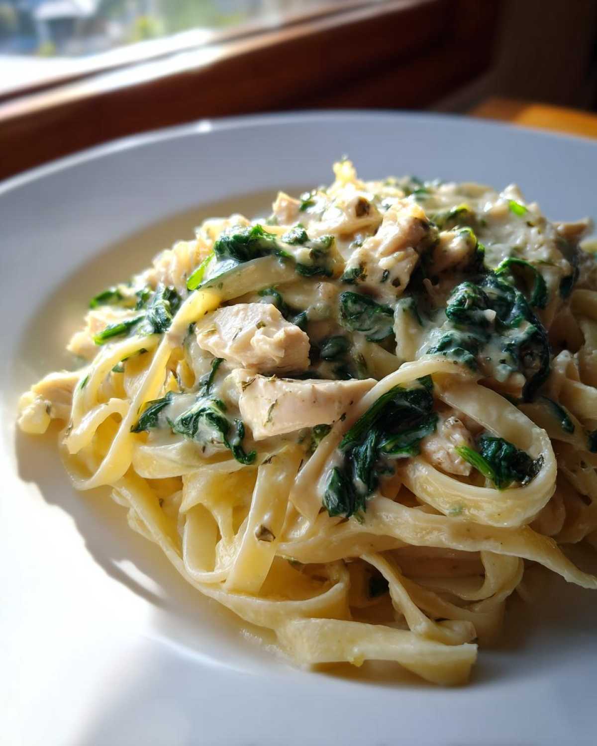 Close-up of a serving of Creamy Spinach Pasta with Chicken Dinner featuring fettuccine, chunks of chicken, and wilted spinach in a white sauce.