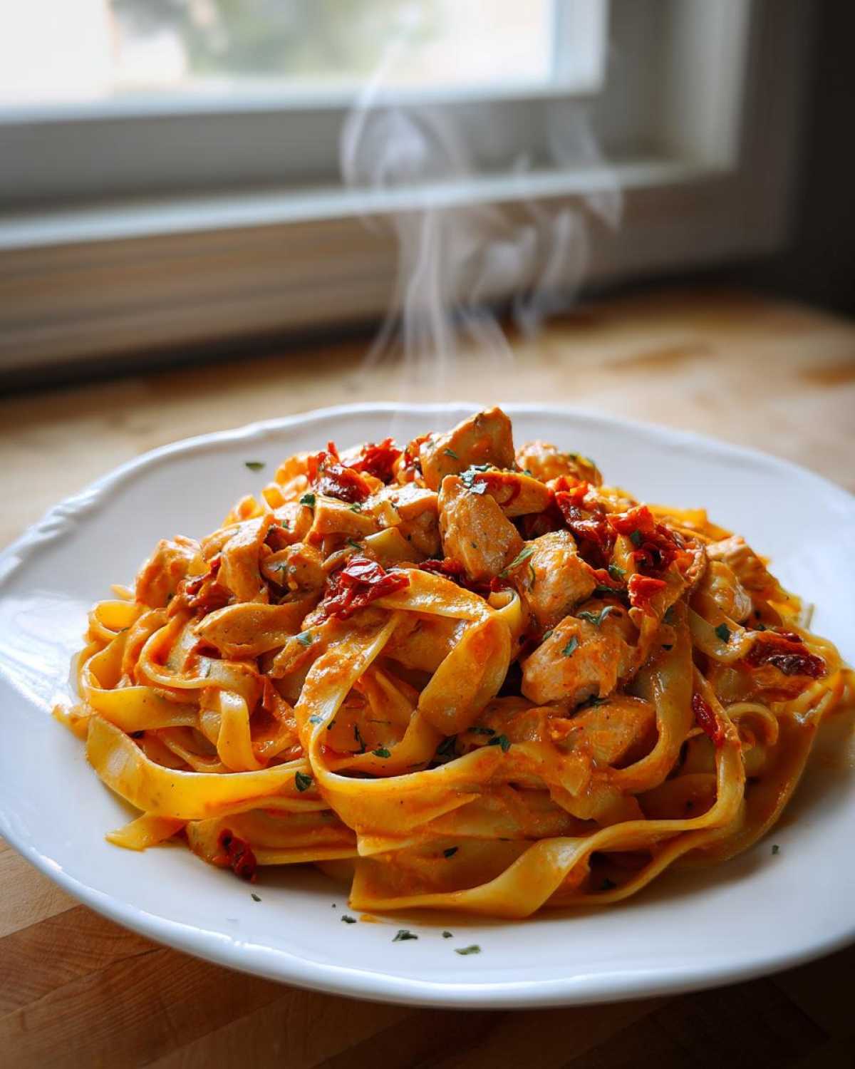 A plate of hot, steaming Creamy Sun Dried Tomato Pasta with Chicken featuring fettuccine noodles and chunks of chicken.