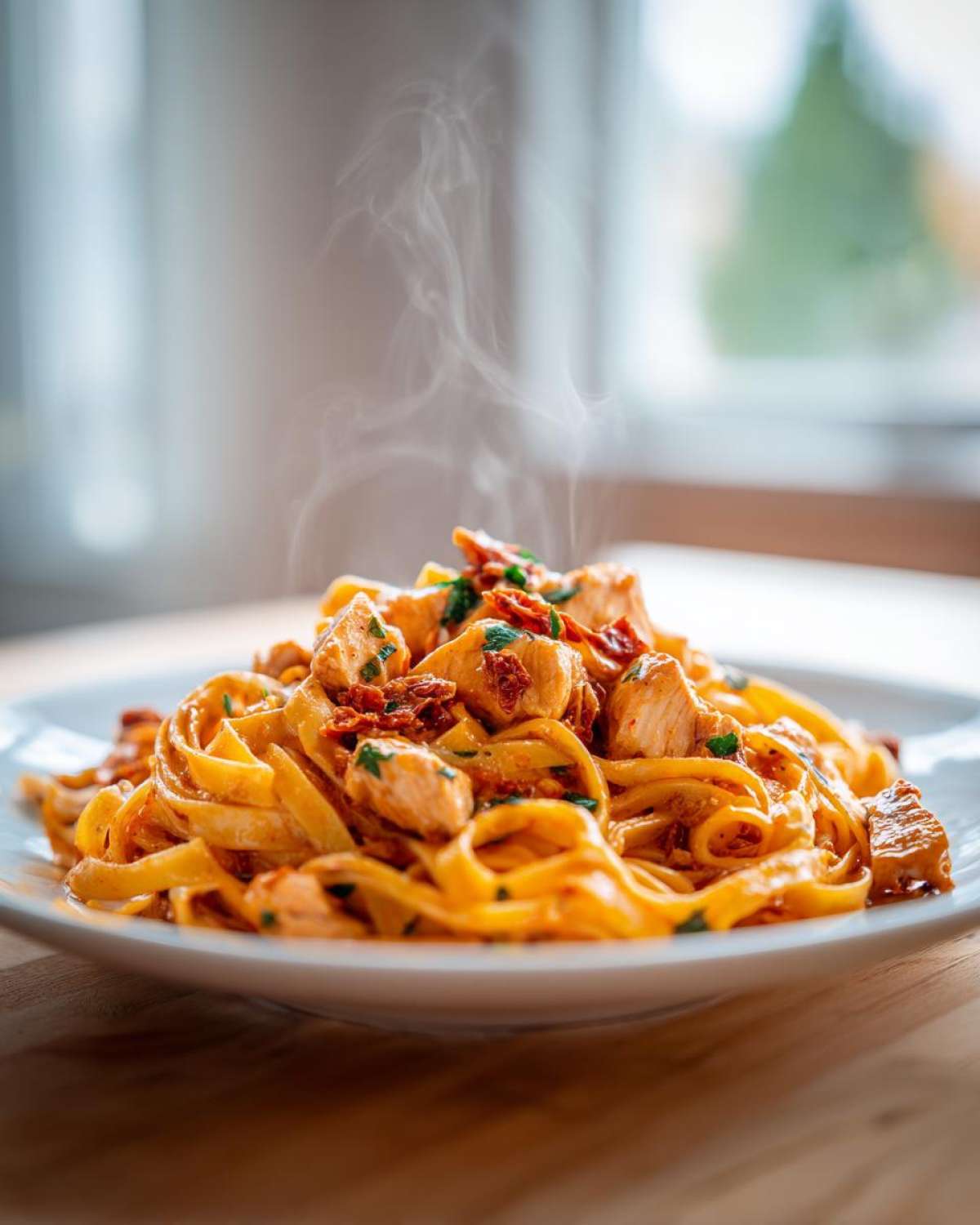 A close-up of steaming Creamy Sun Dried Tomato Pasta with Chicken served on a white plate.