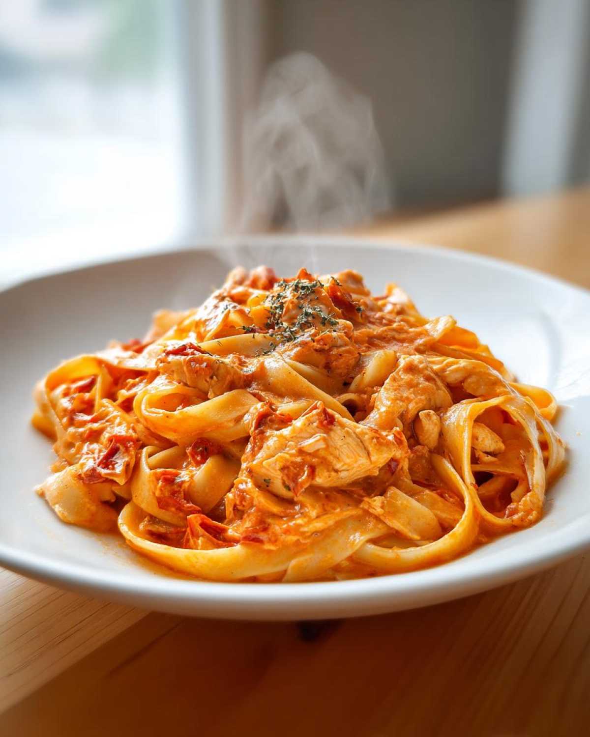 Close-up of hot, steaming Creamy Sun Dried Tomato Pasta with Chicken served on a white plate.