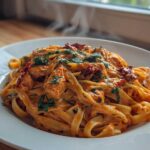 A steaming plate of Creamy Sun Dried Tomato Pasta with Chicken featuring fettuccine, chunks of chicken, and sun-dried tomatoes.