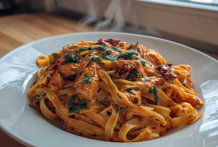 A steaming plate of Creamy Sun Dried Tomato Pasta with Chicken featuring fettuccine, chunks of chicken, and sun-dried tomatoes.