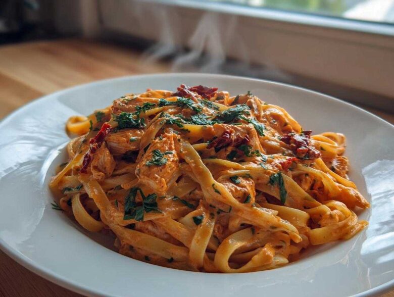 A steaming plate of Creamy Sun Dried Tomato Pasta with Chicken featuring fettuccine, chunks of chicken, and sun-dried tomatoes.