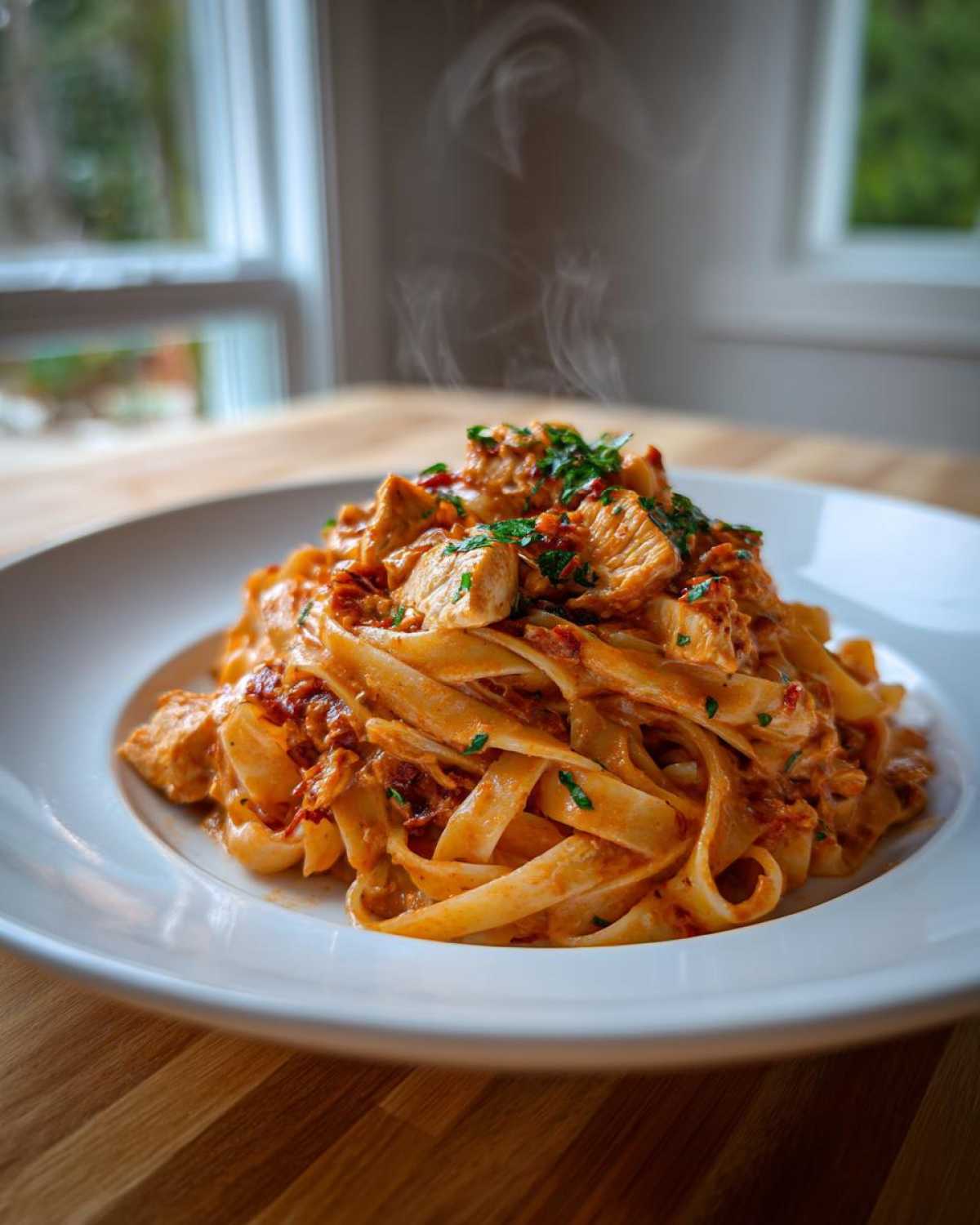 A close-up of steaming Creamy Sun Dried Tomato Pasta with Chicken served on a white plate.