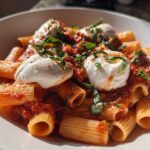 A bowl of Creamy Tomato Pasta with Burrata Cheese topped with fresh basil and spices.