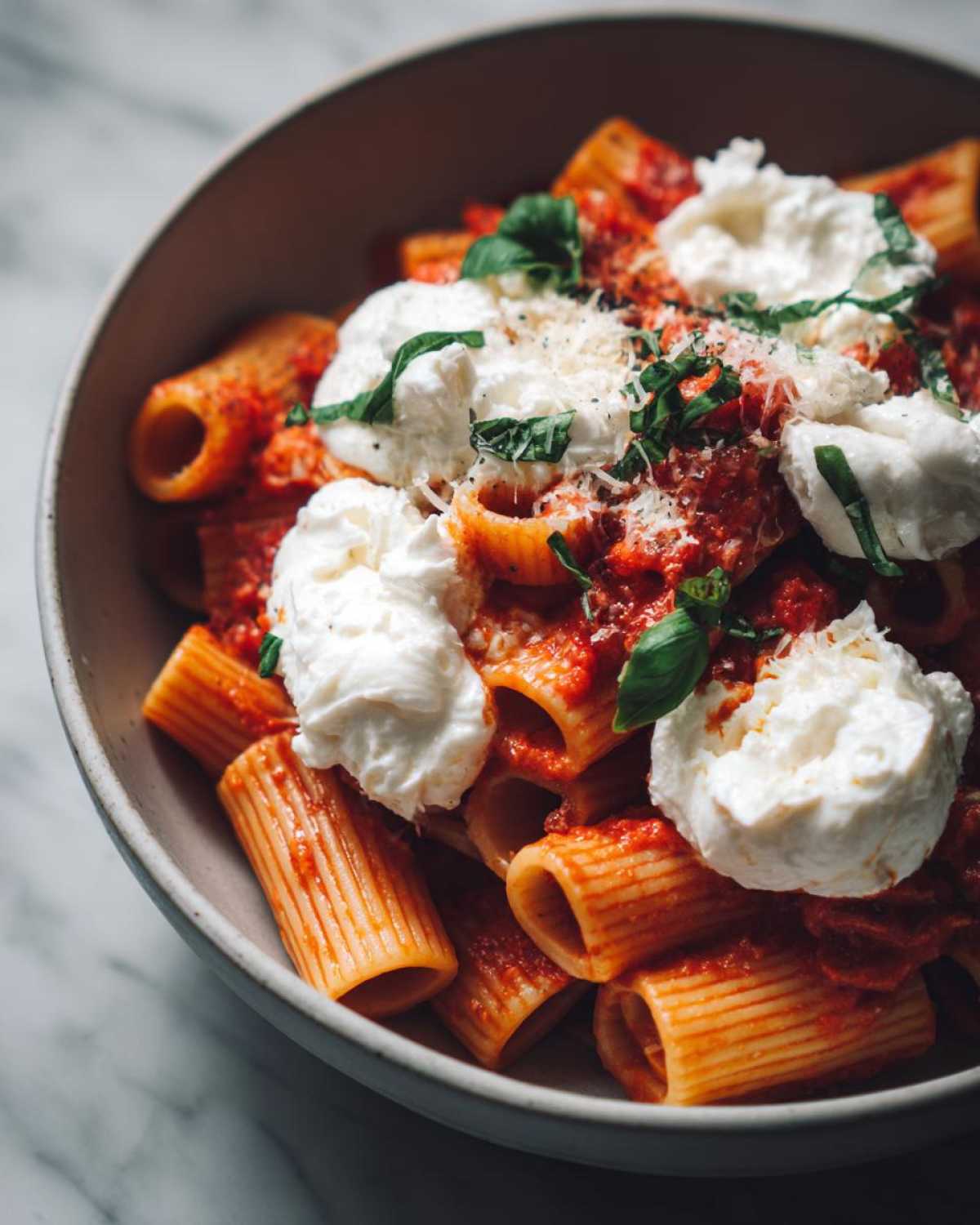 Close-up of rigatoni Creamy Tomato Pasta with Burrata Cheese dollops and fresh basil.