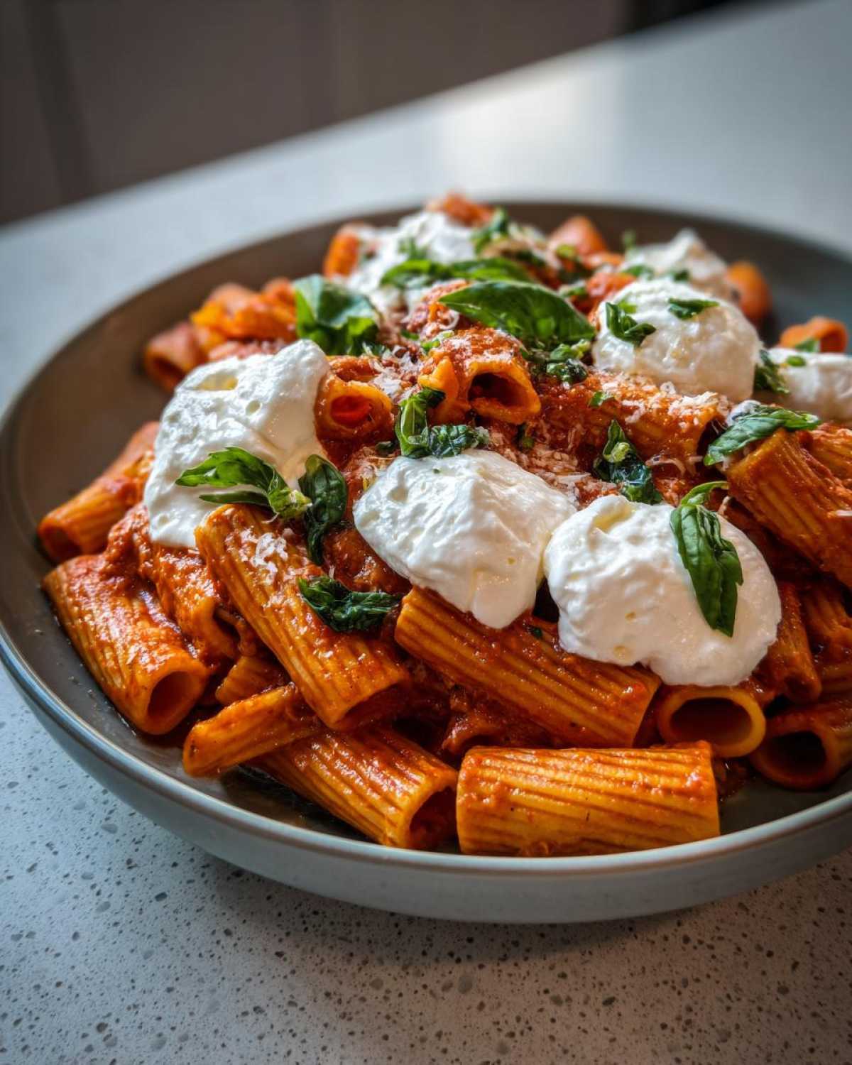 A close-up of rigatoni pasta coated in rich tomato sauce, topped with dollops of creamy Burrata Cheese and fresh basil.